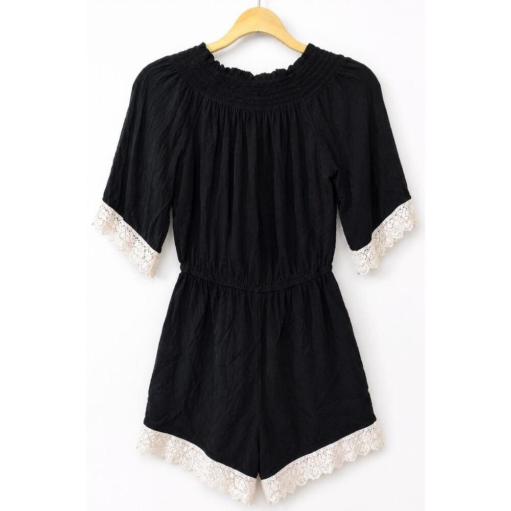 Cover Me Swim Black Crochet Fringe Romper Swimsuit Coverup Medium M Pom Pom